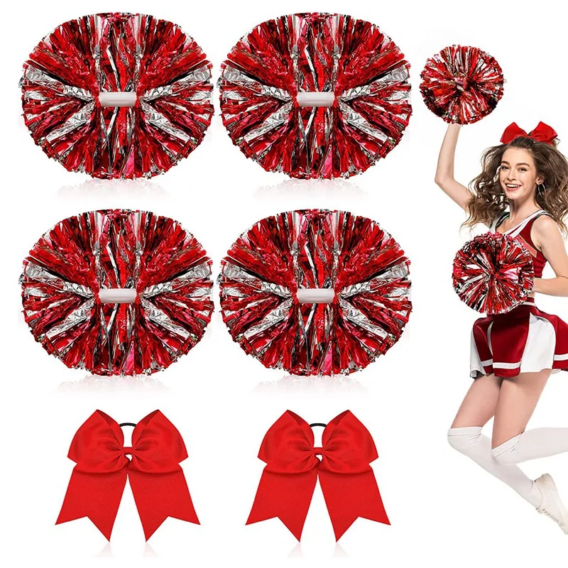 6 Pcs 13 Inch Cheerleading Pom Poms And Big Bow, Suitable For Girls' Cheerleading Poms, Metal Poms And Handles