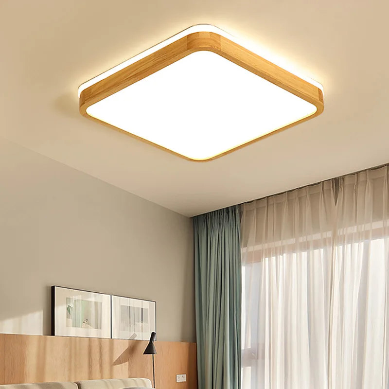 Deckenleuchte im nordischen Holzstil für Schlafzimmer, Wohnzimmer, Küche, Arbeitszimmer, Innenbeleuchtung, quadratischer Ring, intelligenter Kronleuchter
