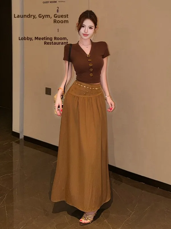 

Retro V-neck Top High Waist Midi Skirt Two-piece Set Summer Slimming Beaded Long Skirt Ensemble Chic Fashionable Women's Set