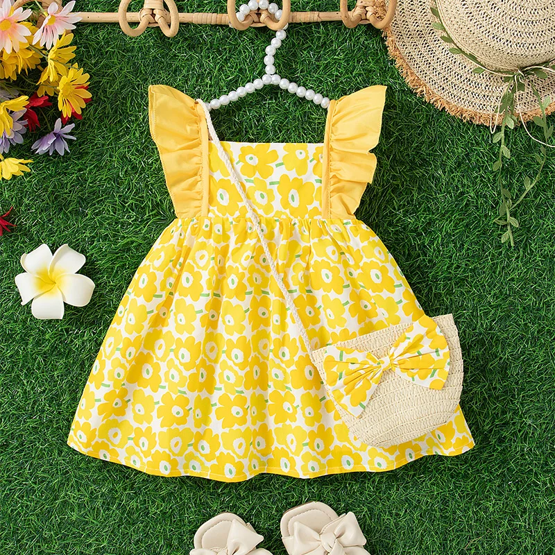 Summer New Small Floral Baby Girl Dress, Rural Style Children\'S Sleeveless Clothes With Free Bag (9 Months -3 Years Old)