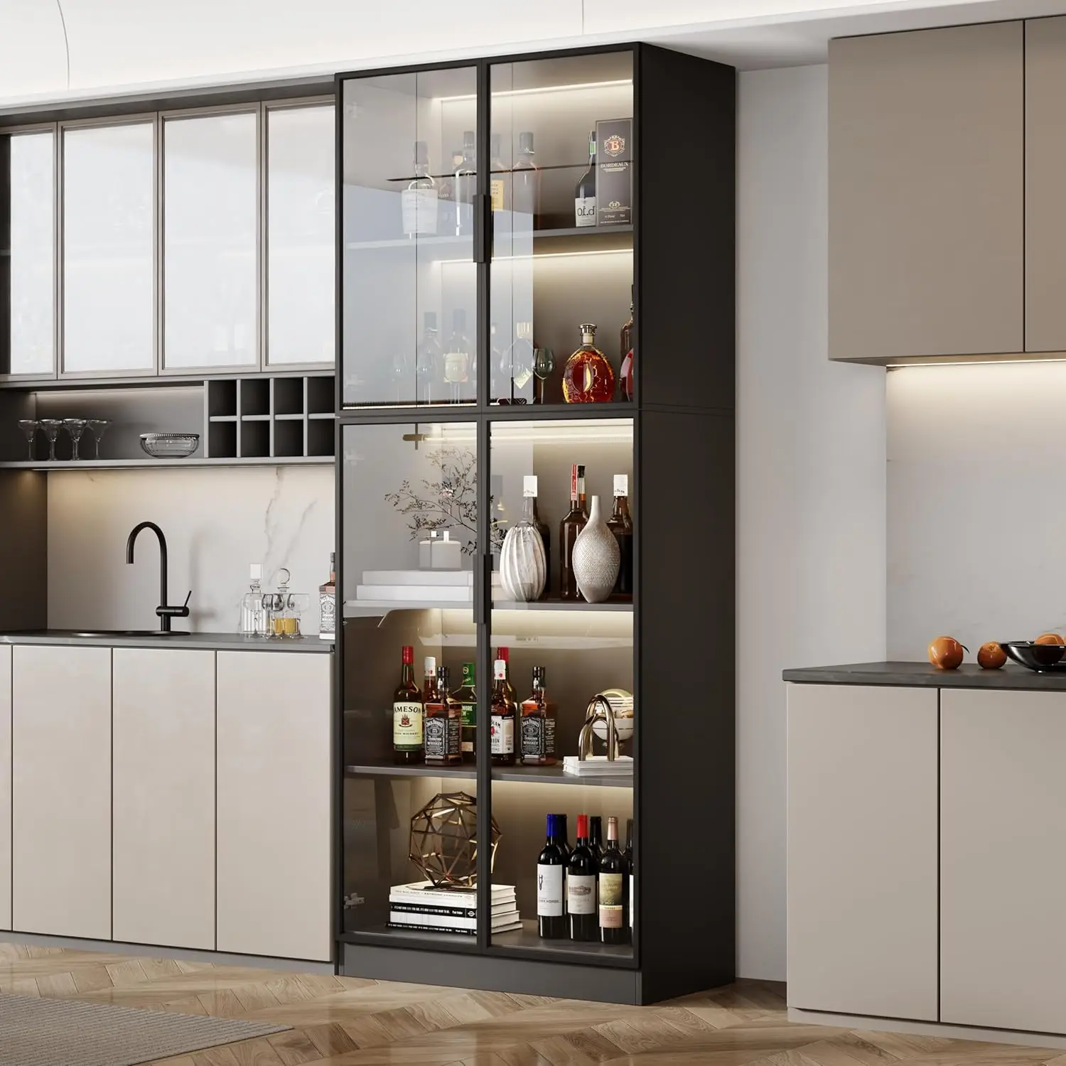 

Display Cabinet with Glass Doors and Storage Shelve, Display Cabinet for Collectibles Trophy Case(1.5 ""W x 16.5 ""D x 78.7 "H)