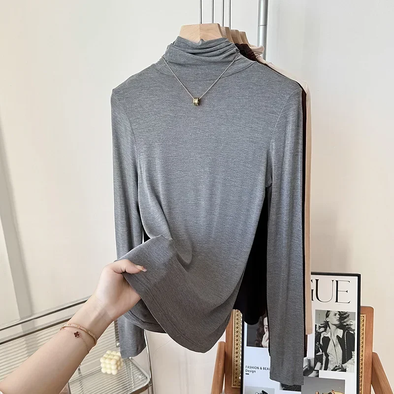 Yuyue Women\'s High-necked High Strecth Bottoming Shirt Old Money Style Silk Pile Collar Base Top Contain Mulberry Silk and Wool