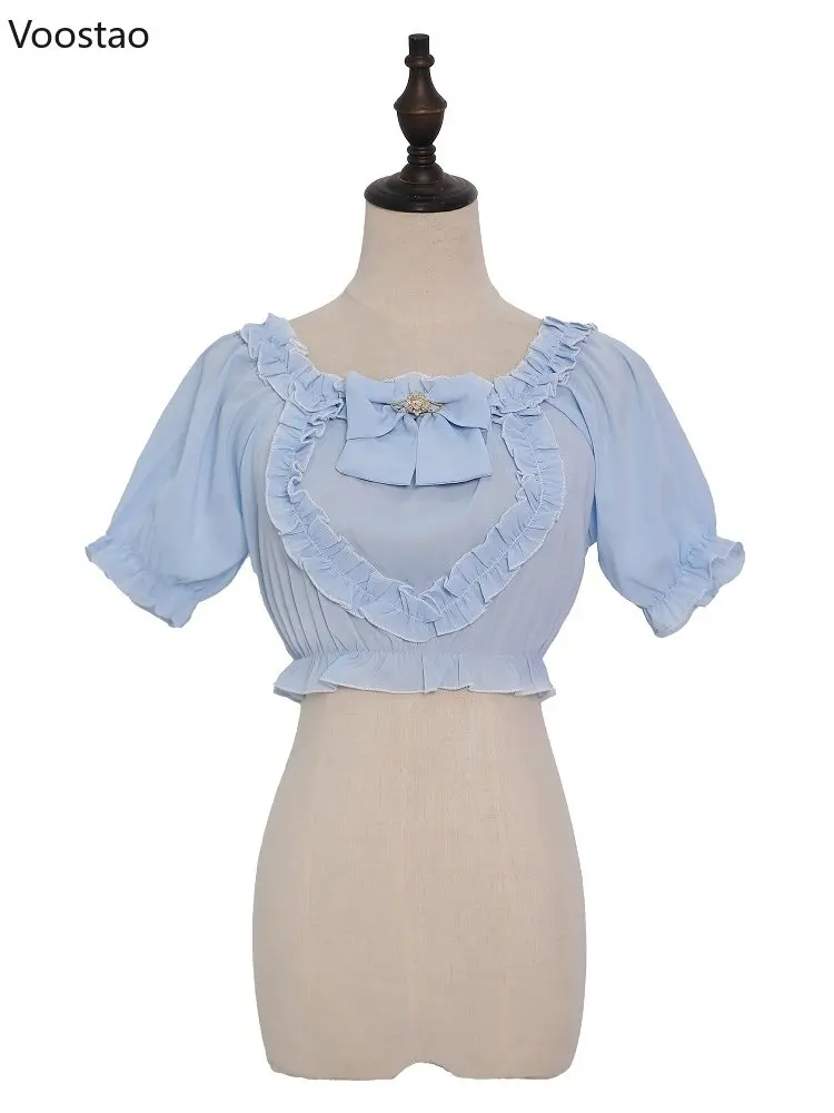 Lolita Chiffon Kawaii Blouses Women Sweet Ruffle Bow Shirt Japanese Girls Fashion Puff Sleeve Vintage Gothic Cosplay Crop Tops