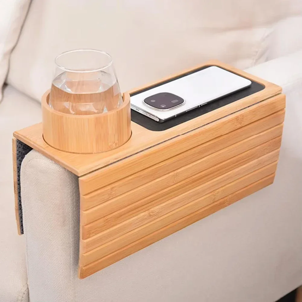 Lazy Sofa Armrest Tray Natural Non-Slip Bamboo Sofa Side Storage Tray Foldable Solid Wooden Snacks And Treats Dinner Tray