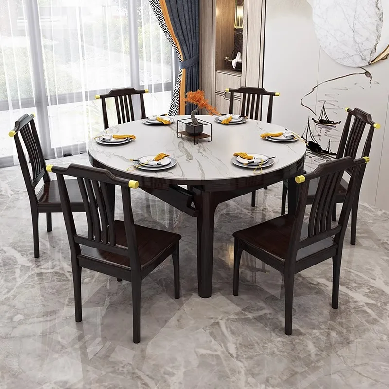 New Chinese rock slab dining table, small apartment solid wood dining table and chair combination, telescopic folding variable