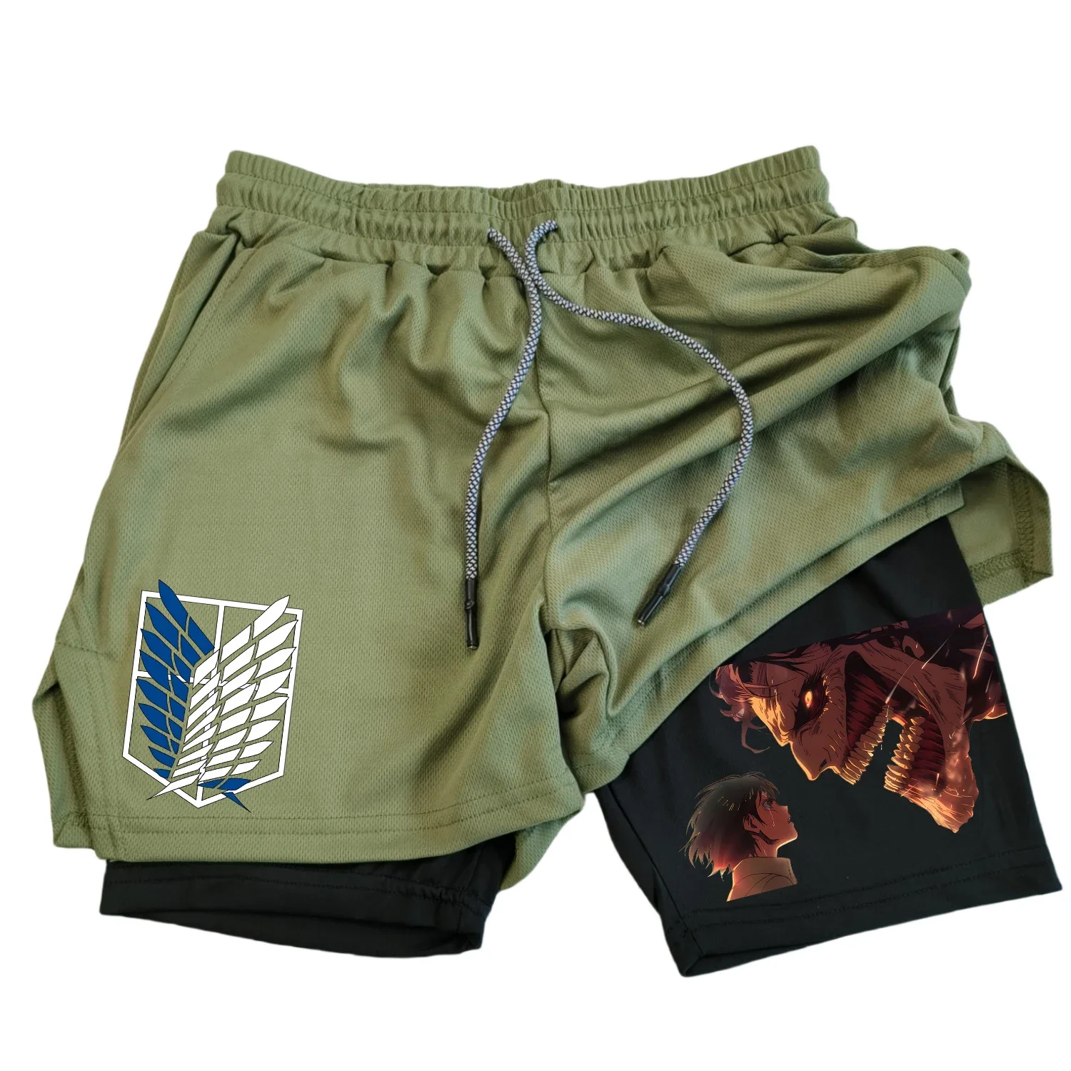 Anime Attack on Titan Men\'s Shorts 2 in 1 Sports Shorts Quick drying Breathable Sports Fitness Shorts Outdoor Running