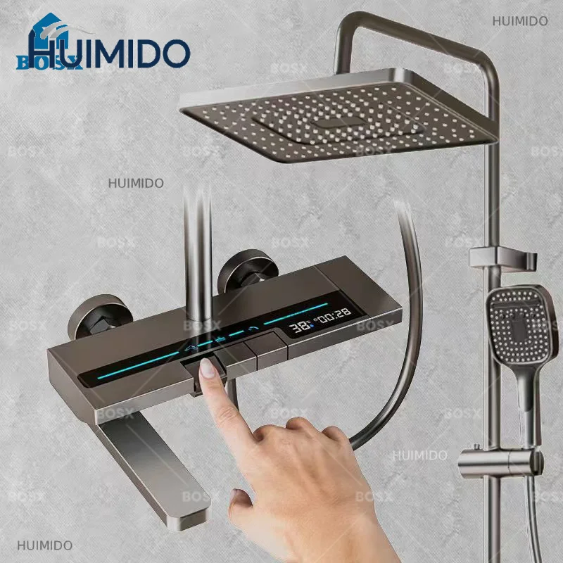 Digital Display Gunmetal Gray Shower Set Household Bathroom Piano Keys Hot and Cold Water Restroom Pressurize Shower System Set