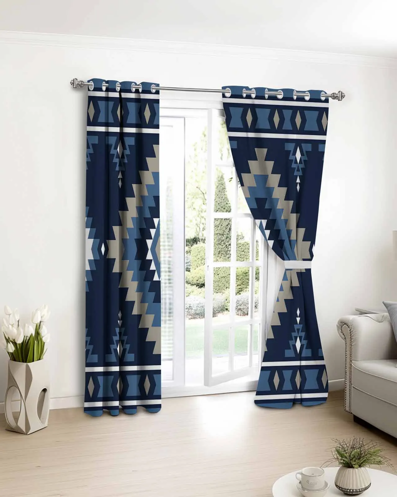 

2pcs, 1 panel Blue Tribal Geometric Art Polyester Window Curtains For Living Room Kitchen Bedroom Drapes