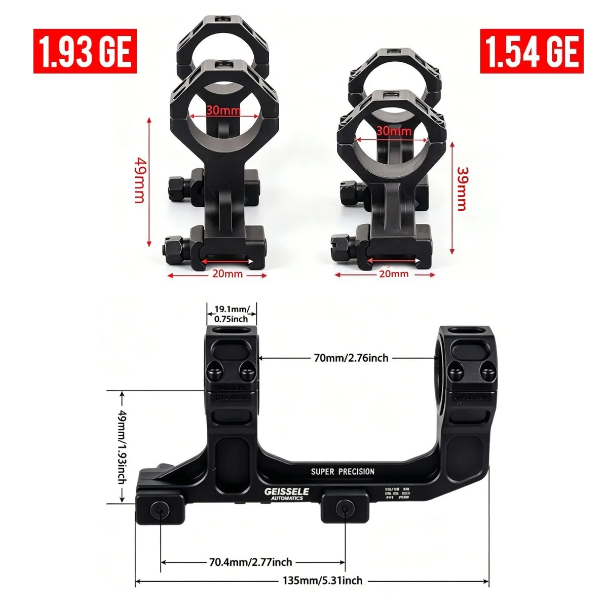 Tactical GE 1.54 1.93 QD Mount Rings Cantilever 20mm Picatinny Rail For AR15 AK47 Optical Hunting Scope Mount 25.4mm/30mm Rings