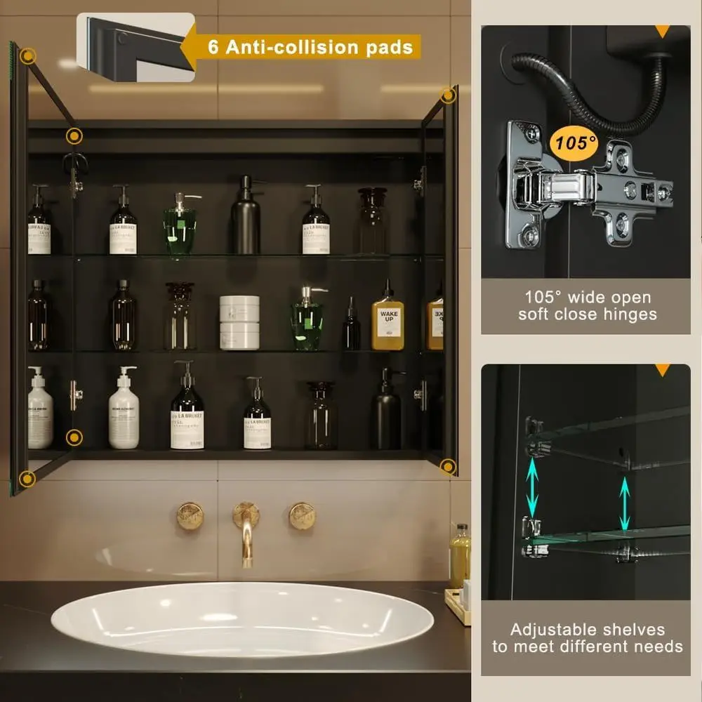 Armoire à pharmacie murale éclairée par LED avec ports USB, désembueur, lumière 3 couleurs, miroir de maquillage à intensité variable, installation facile, 31x
