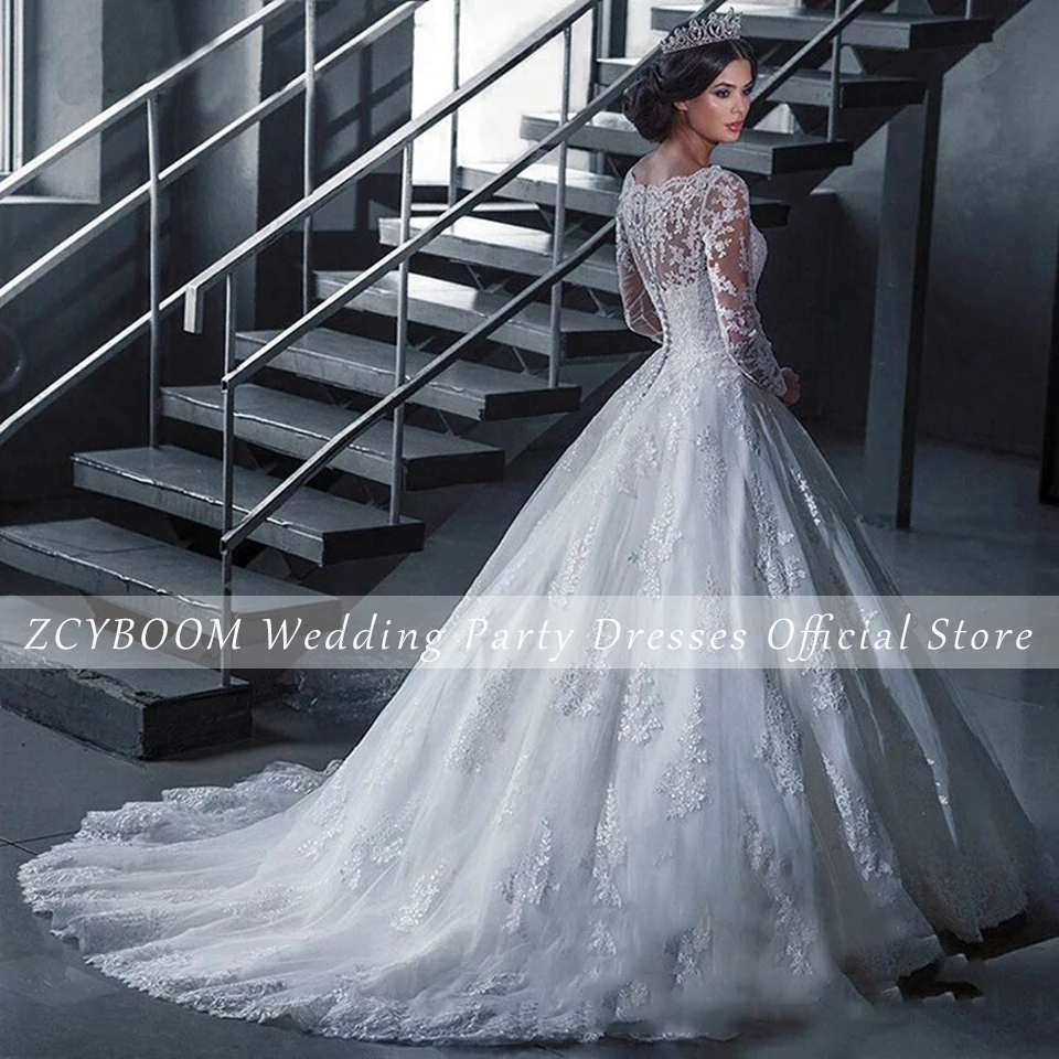 Muslim O-Neck Lace Appliques Long Sleeves White Wedding Dress 2025 A-Line Floor Length Sweep Train Tulle Zipper Bridal Gown