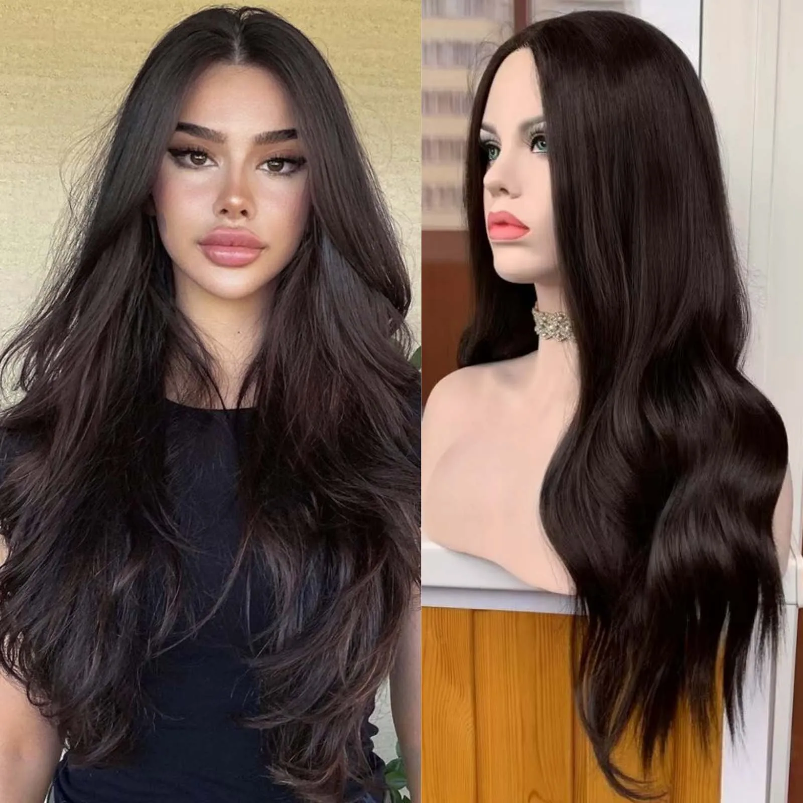 Long Dark Brown Wigs for Women Synthetic Hair Middle Part Natural Curly Wavy Brunette Colored 13X4 Lace Front Wigs Daily Party