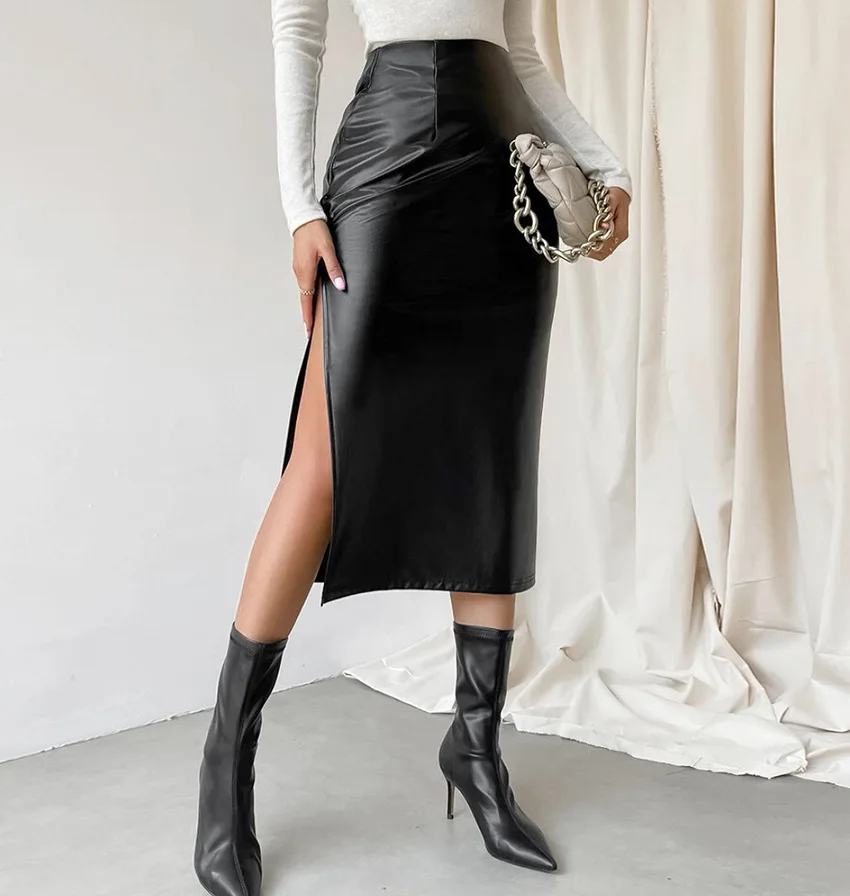 Autumn Winter Plush Matte Leather Skirt Streetwear High Waist Slit Midi Length Skirt Women Sexy Clubwear Female Clothing 2024