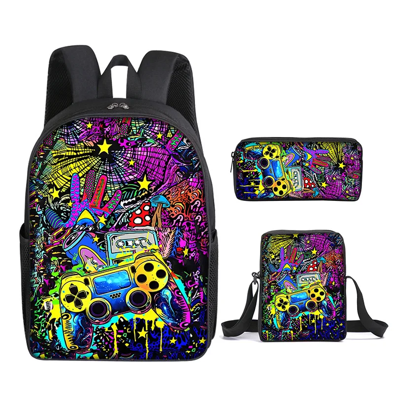 Game console Games print DIY elementary and secondary school backpack three piece set, shoulder bag pen bag three piece set
