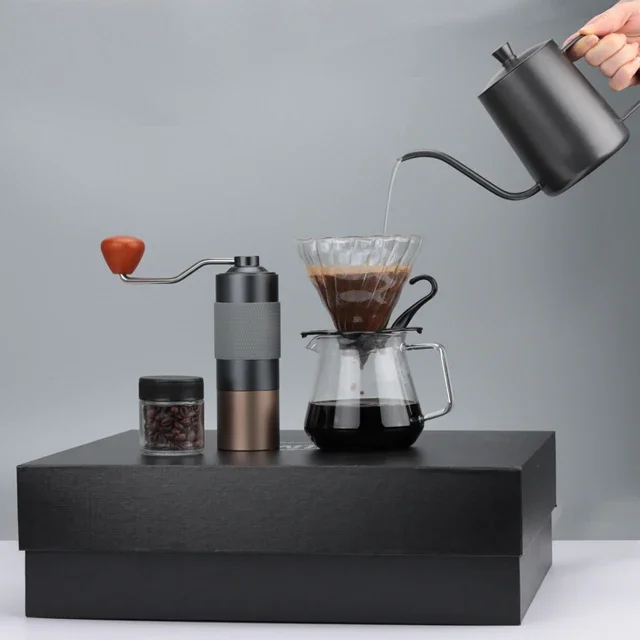 

Gift Color Box Coffee Set Portable Coffee Tool Kit Manual Coffee Grinder With Coated Kettle