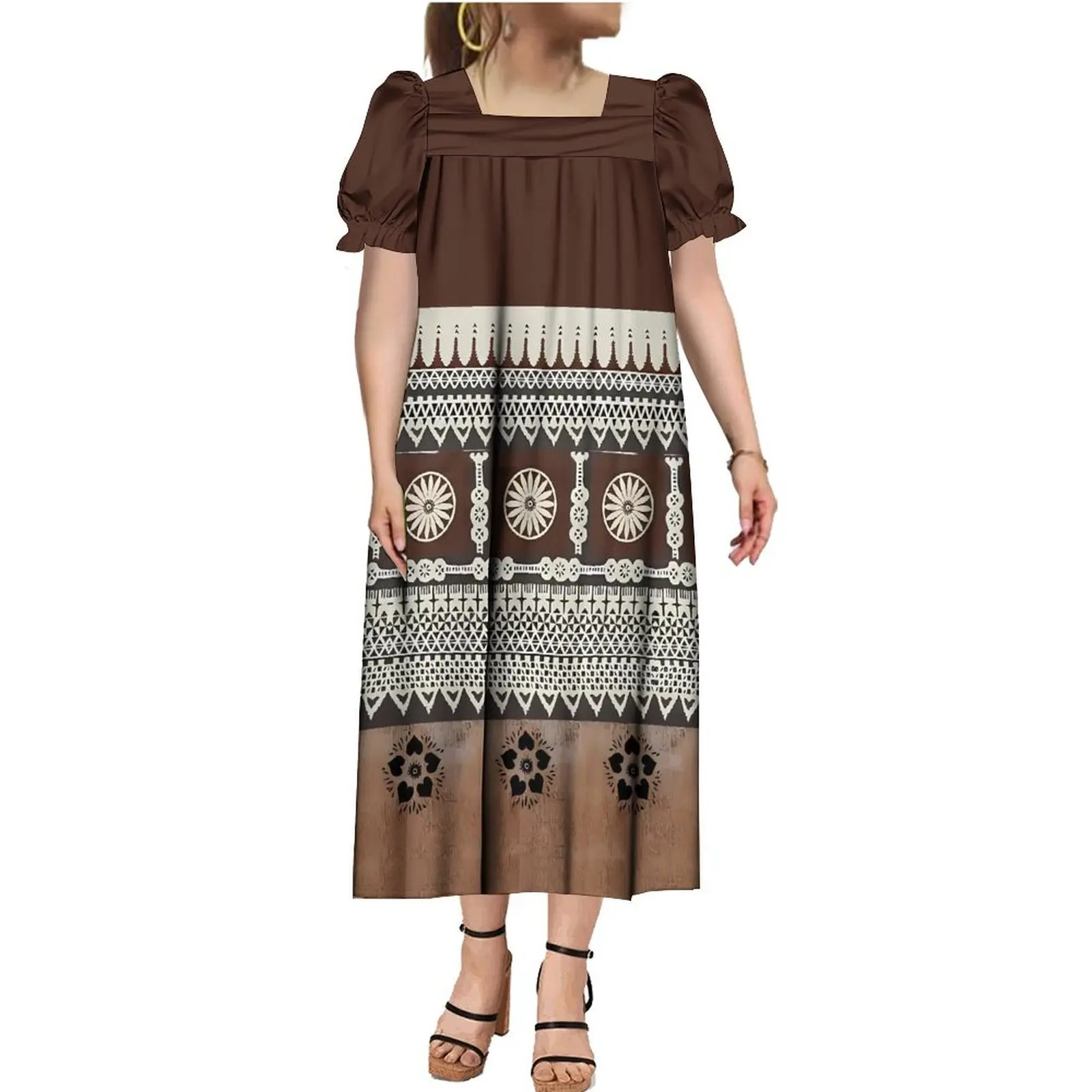 Women'S Mumu Square Neck Puffed Sleeve Dress And Men'S Shirt Polynesian Couple Suit Support Custom 2024 New