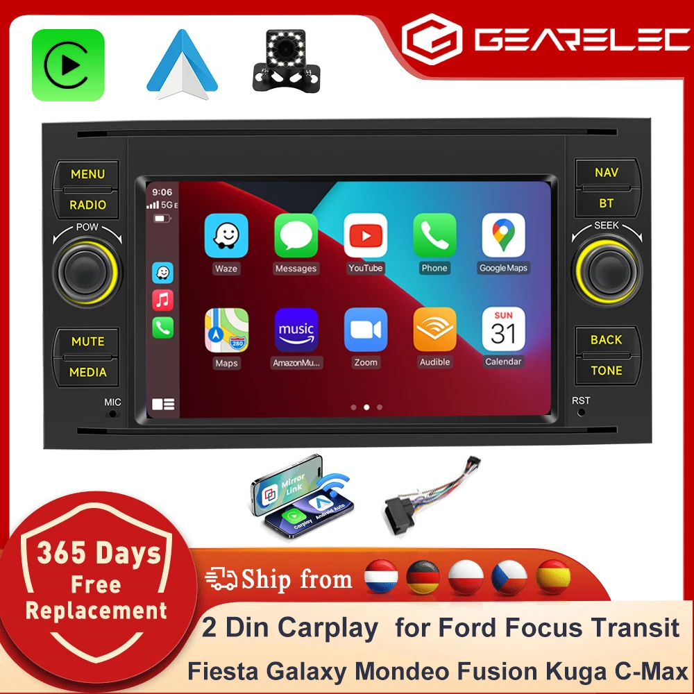 2-DIN-Autoradio mit Carplay für Ford Focus Transit Fiesta Galaxy Mondeo Fusion Kuga C-Max 7 Zoll Android14 Auto-Multimedia-Player