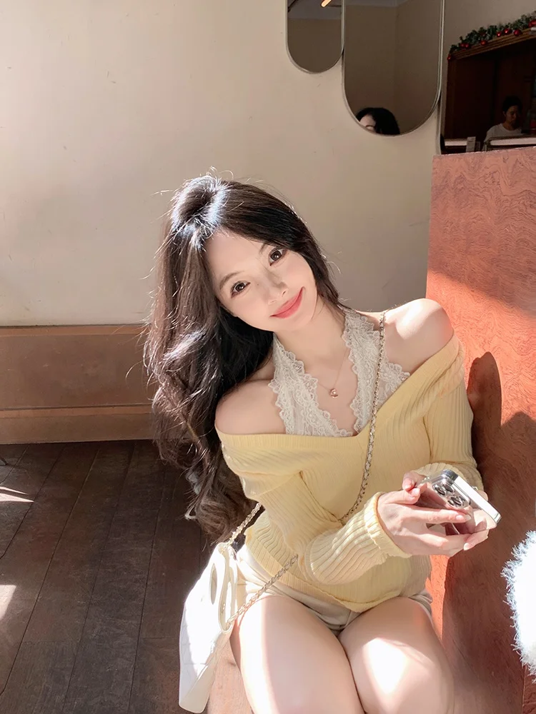 

Yellow Splice Lace oulder Knitted Sweater Women's Winter Inner irt One oulder Top Sweet Sle Long Sve V-Ne Regula...