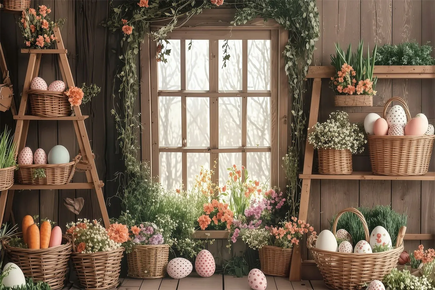Fondo de fotografía de conejito, huevos de Pascua, puerta de madera, ventana, hojas verdes, flor blanca, decoración de fiesta de cumpleaños, Baby Shower