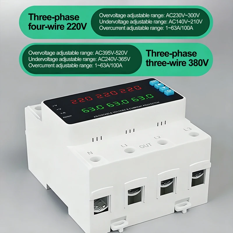63A 100A 3 phase Adjustable Voltage Current Protector AC380V Din Rail Over and Under Voltage Overcurrent Monitor Relay Protector