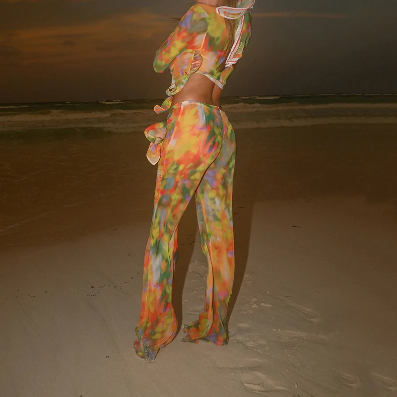 Zweiteiliger Sommer-Badeanzug mit Schnürung, 2023, Retro-bedruckter Netzbezug, Bikini-Badeanzug, sexy Langarm-Zweiteiler-Set, Neu