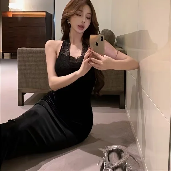 Falda larga de terciopelo negro para mujer, sexy, con efecto realce de glúteos, estilo cola de pez, de cintura alta, línea A, para uso diario/verano