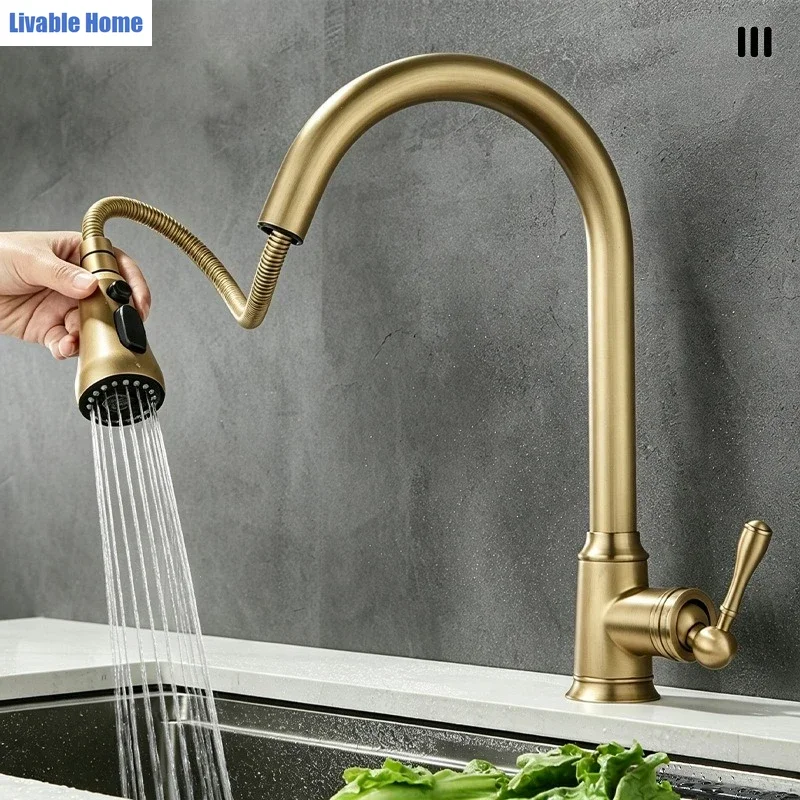 French-style vintage brass three-mode pull-out tap for domestic kitchen sinks swivelling hot and cold water tap