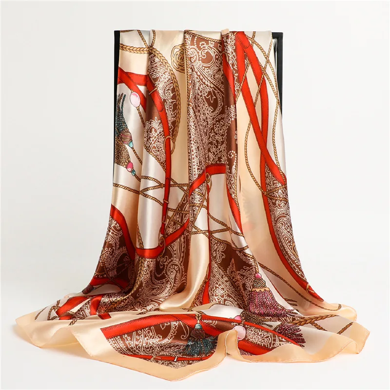 Damen Reise-Seidenschal Quadratisch Hijab Luxuriöses Design Kettenmuster Schal Wickeltuch Foulard Stirnband Bufanda Großes Bandana für Damen