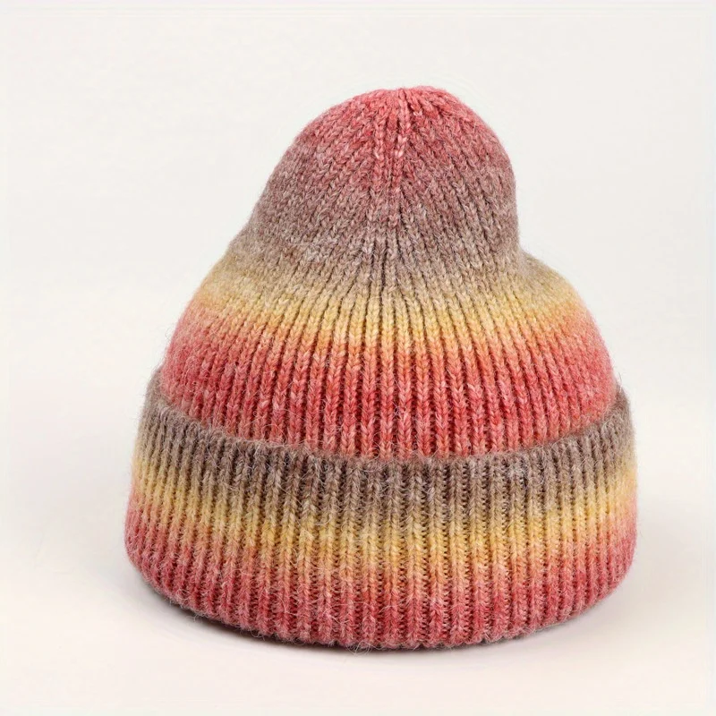 

Tie Dye Knit Hat Gradient Color Rainbow Design Pointed Top Winter Warm Beanie For Women European Fashion Trend
