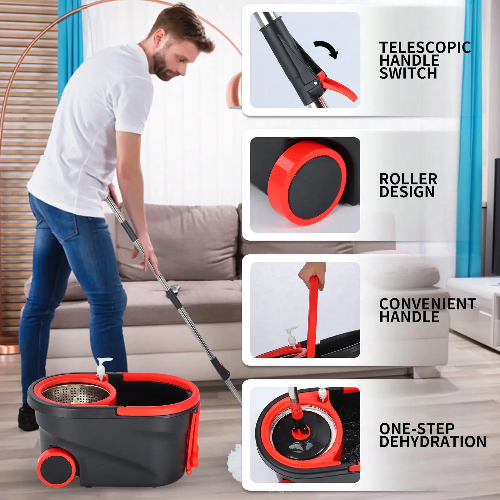 Heavy Duty Rolling Mop Bucket Set with Wringer – Includes 3 Microfiber Heads, Perfect for Home, Kitchen & Living Room