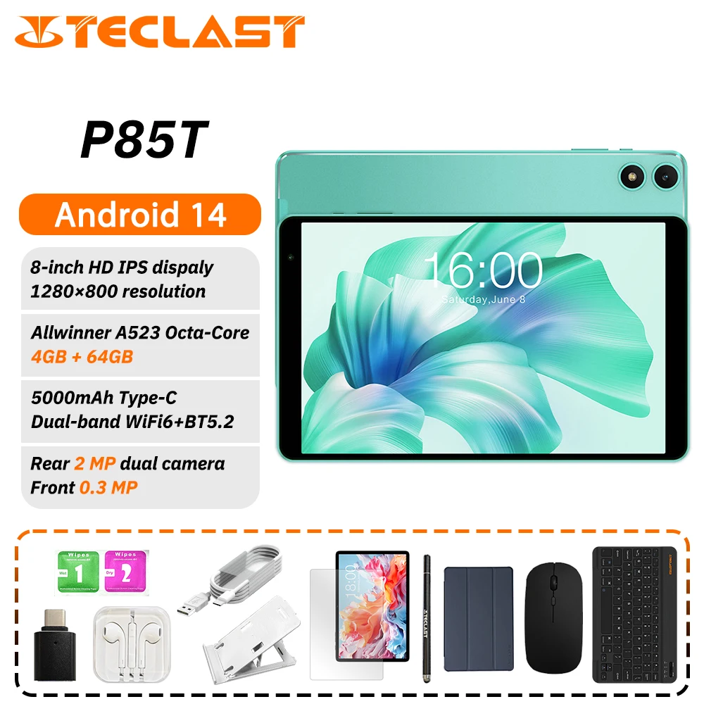 

Teclast P85T Tablet PC Allwinner A523 8-Core/8inch 1280*800 HD IPS/4GB RAM/64GB ROM/5000mAh Type-C/Android 14/WiFi6+BT5.2