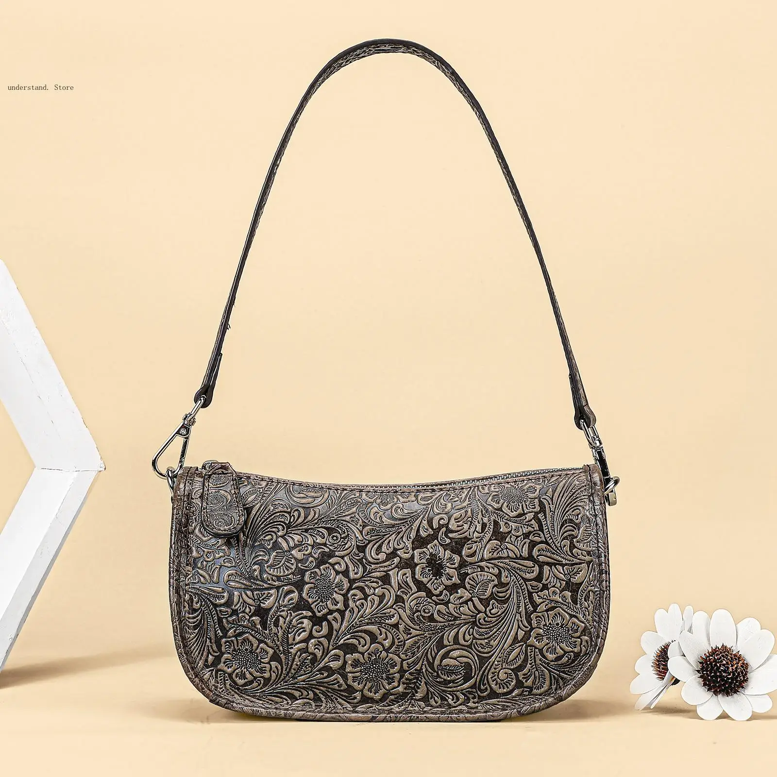 Vintage Embossed Mini Underarm Purse Lightweight Versatile with Adjustable Straps Women's Full-Grain Leather Crossbody Bag