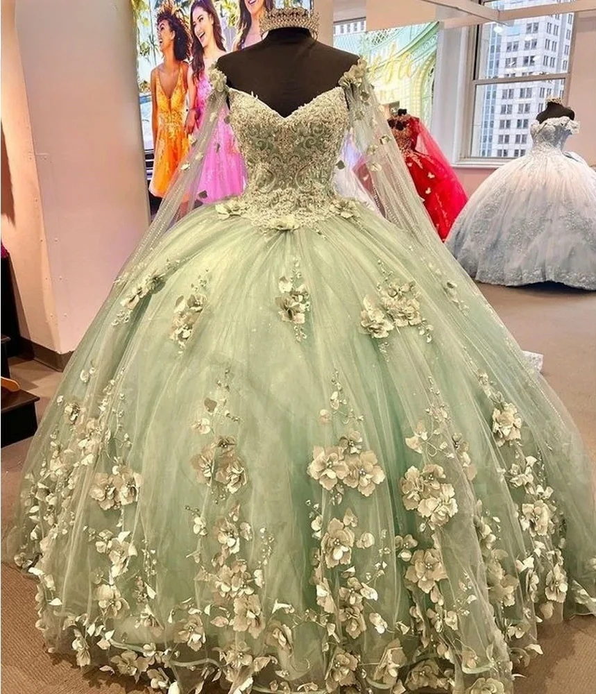 Vestidos de Quinceañera de Charro verde menta, vestido de baile con cuello en V, tul, perlas florales, vestido dulce mexicano 16, 15 años