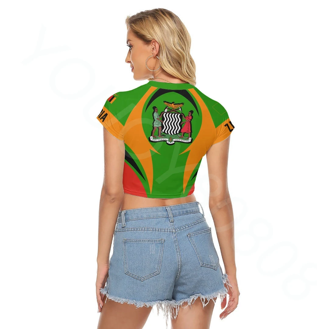 Africa Zone Ladies Clothing Cropped Skinny Summer Imprimé Tops - Zambia Action Flag Ladies Raglan Cropped Tee 2023