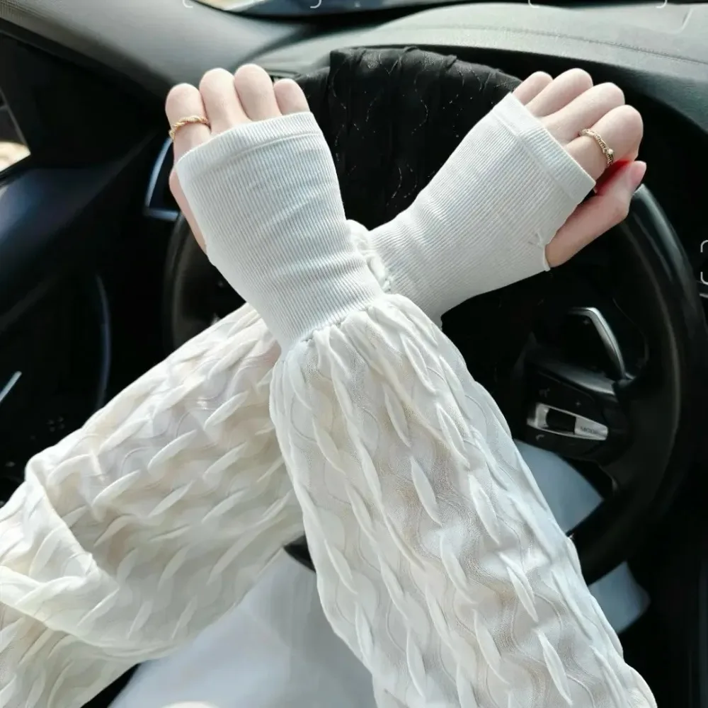 

New Pleated Chic Style Sunscreen Sleeves Loose Solid Color Arm Guard Ice Silk Breathable Ice Silk Gloves Summer