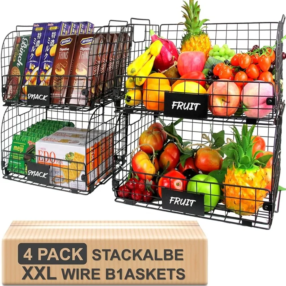 

4 PACK XXL Stackable Wire Baskets Storage Pantry,Fruit Basket Kitchen Cabinet,16.3''x12''x8.2''Metal Baskets Organizing