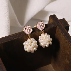 Natural Freshwater Pearl Flower Ball Flower Earrings Korean Style Women Luxury Jewelry Fashion Ladies and Girls Gift GE1575