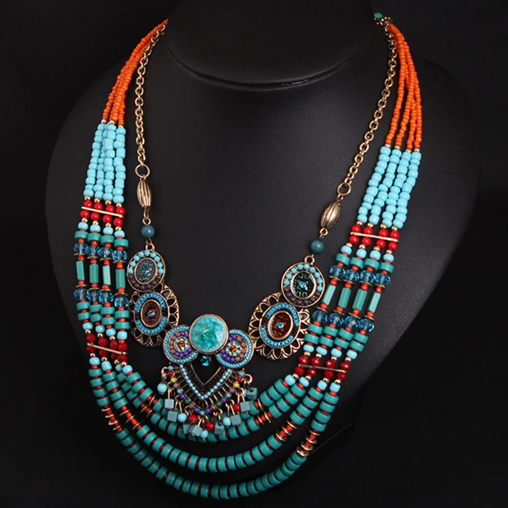 Boho Necklace Bib Collar Handmade Beaded Owl Jewelry Multilayer Vintage Bead Chain Indian Ethnic Necklace Women Party Jewelry