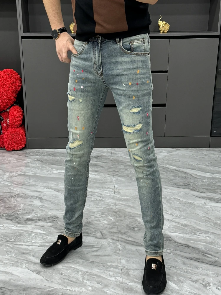 

Мужские модные зимние джинсы из денима, зауженные, молодежные, с узкими штанинами, повседневные, со средней/высокой талией, длинные