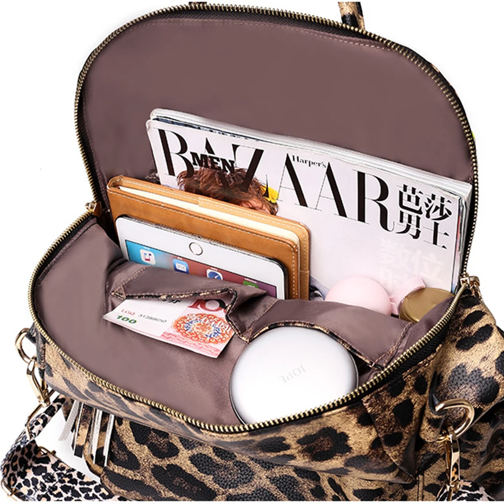 Winter Women Casual Backpack PU Leather School Backpack For Teenager Girls Travel Backpack Vintage Fashion Leopard Shoulder Bags