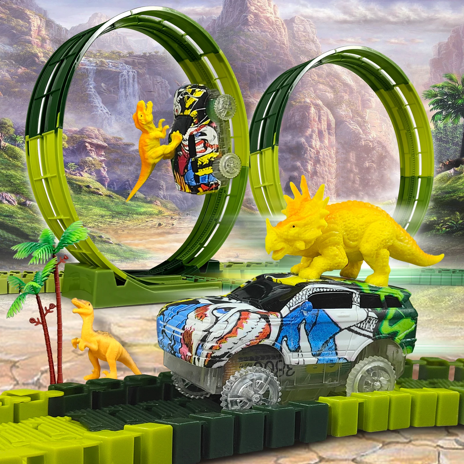 Climbing Dinosaur Track Toy Set 139 PCS Dinosaur World Road Race-Flexible Track Playset Dinosaur Car Toys for boy Best Gift