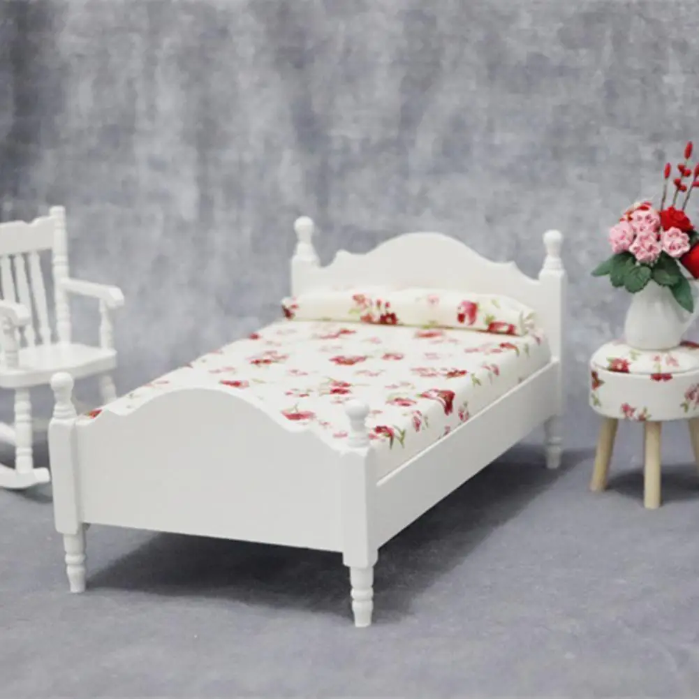 Cute Dollhouse Mini Bed  Exquisite White Miniature Single Bed  Scale 1:12 Dollhouse Mini Single Bed