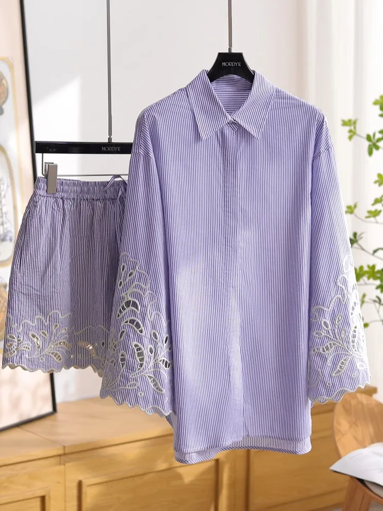 

High-Quali Cotton Two-Piece Set with Embroidered Lace Stripes orts And irt for Women Summer 2025 Faionable Ensemble