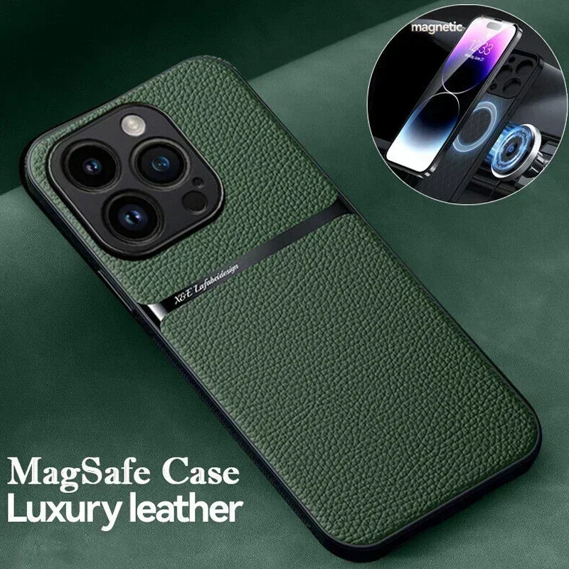 

Leather For Magsafe Magnetic Car Holder Phone Case For iPhone 15 14 13 12 Pro Max 11 Luxury Matte Shockproof Lens Protect Cover