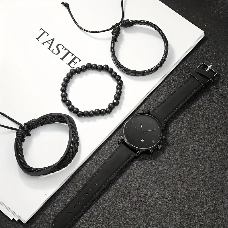 4pcs/set, Fashionable Men's Quartz Watch & Stylish Bracelets Set - Perfect For Everyday Wear