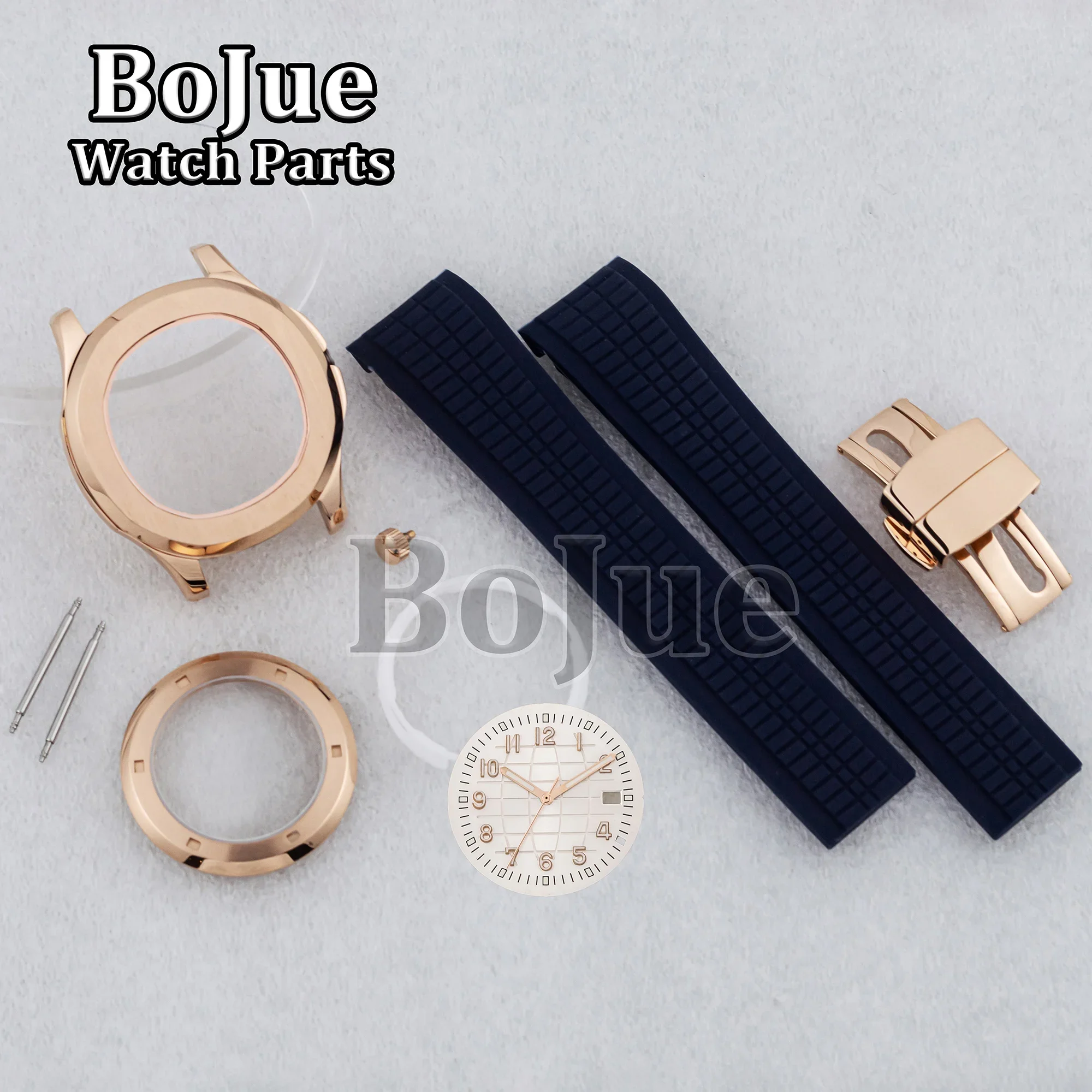 Caja de reloj de oro rosa de 42mm, correa de goma, cristal de zafiro resistente al agua para movimiento NH35 NH36, esfera de 32mm, piezas AQUANAUT Nautilus