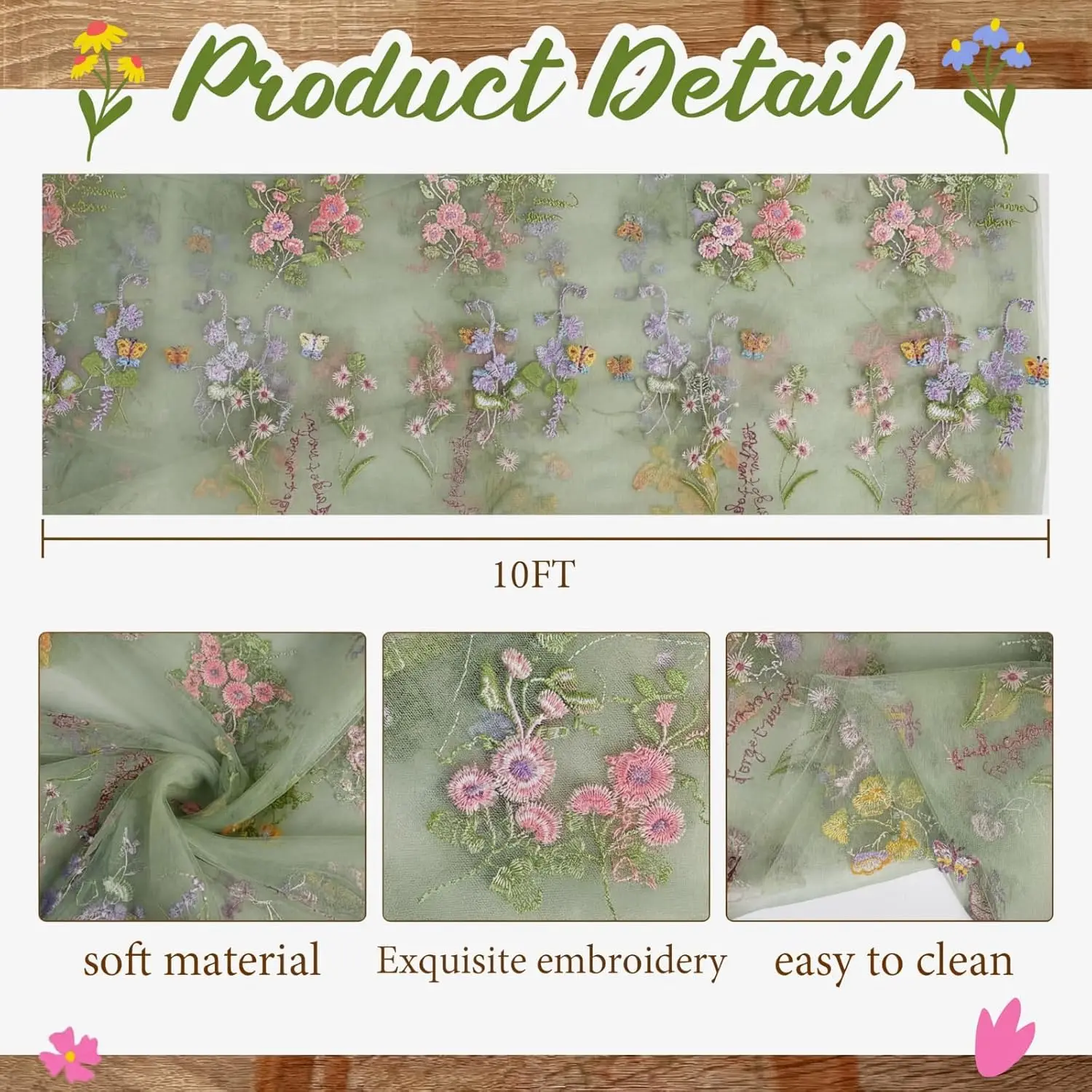 Embroidery Wildflower Tulle Spring Table Runner 10ft Summer Butterfly Kitchen Decoration for Wedding Baby Shower Birthday Party