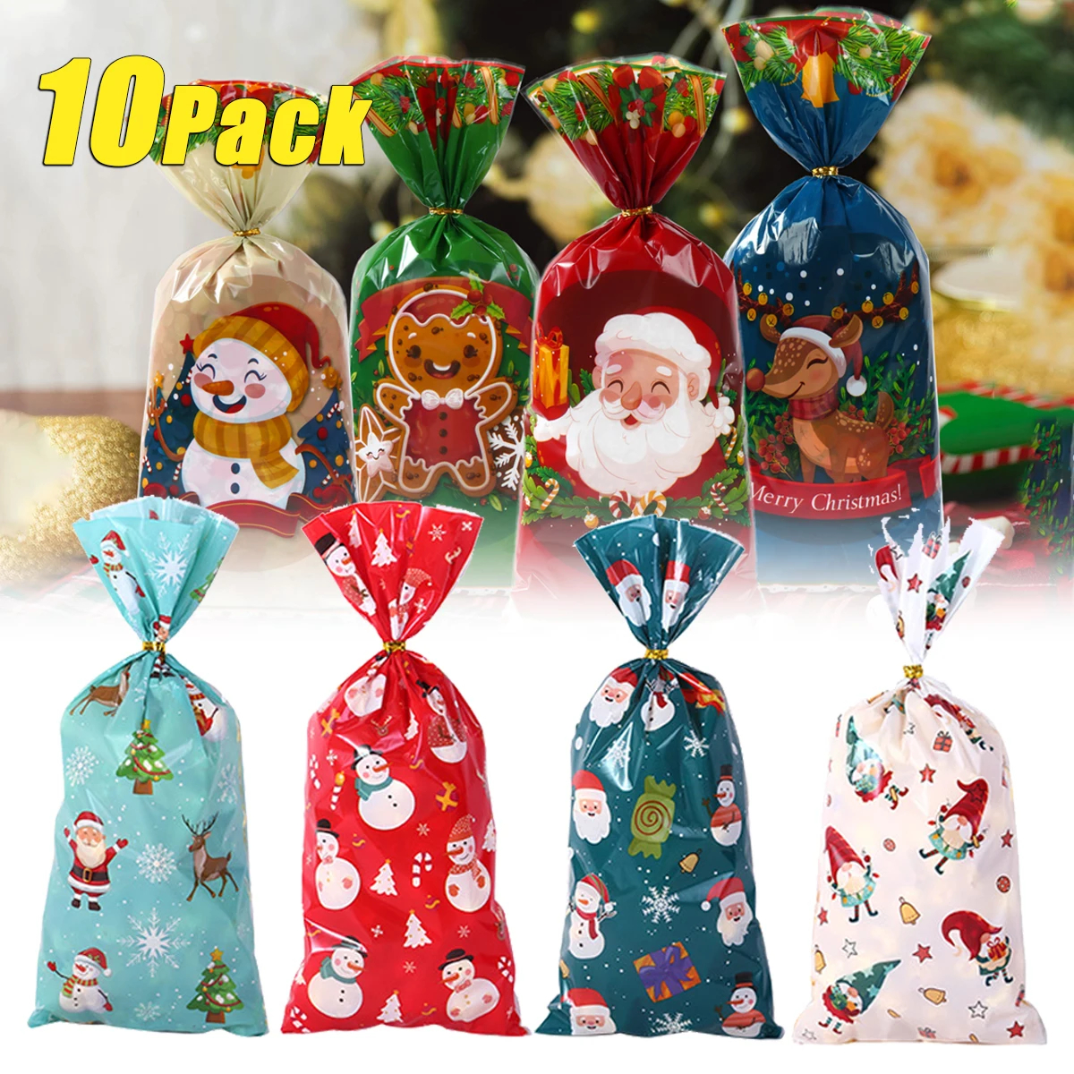 10Packs Christmas Party Candy Bags Christmas Gift Bags Bakery Treats Tie Bags Holiday Party Favours