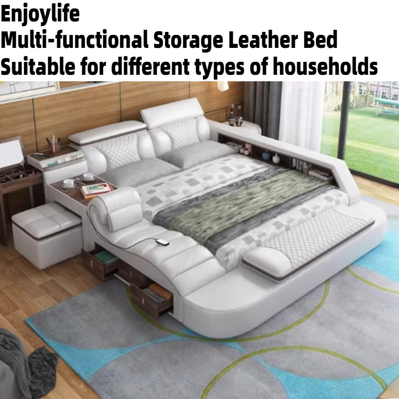 180x200cm Tatami Wedding Bed Leather Luxury Projector Multifunction Double Bed Frame Headboard Twin King Size Bedroom Furniture