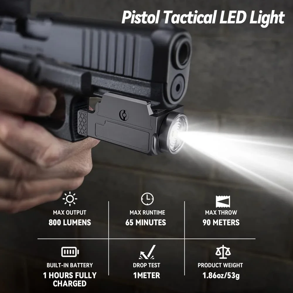 Richfire SFD-022 Pistol Flashlight 800 LM Tactical TYPE-C Gun Light Quick Release Strobe Torch with GL 20mm Picatinny Rail Mount